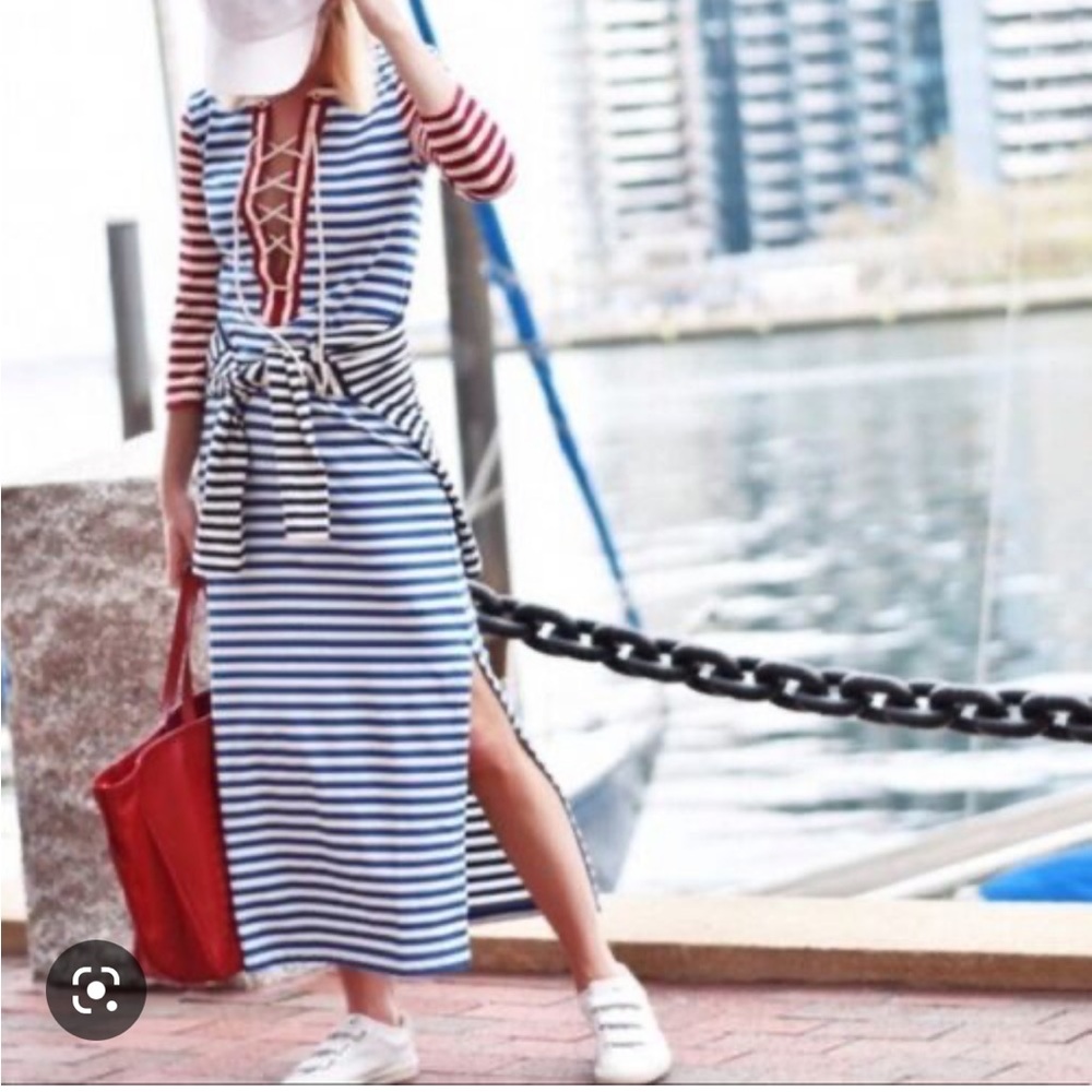 J.Crew Navy Stripe Bodycon Stripe Lace-up Neckline Dress Sz XXS